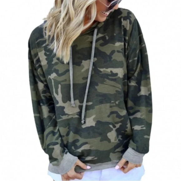 WOMENS NEW GREEN CAMO PULLOVER HOODIE TOP SHIRT HOOD SUMMER CASUAL TOPS SIZE S - Picture 1 of 4